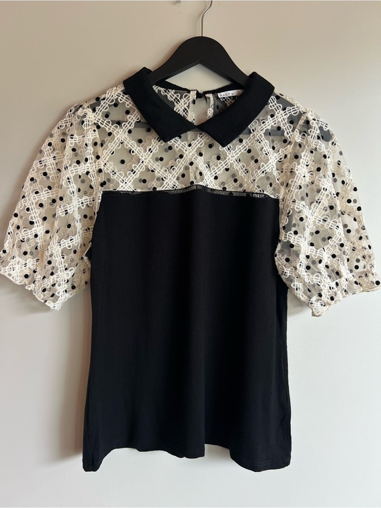 Kaily K Tops - Kaily K Black White Lace Polka Dot Peter Pan Collar Puff Sleeve Top Medium Chic